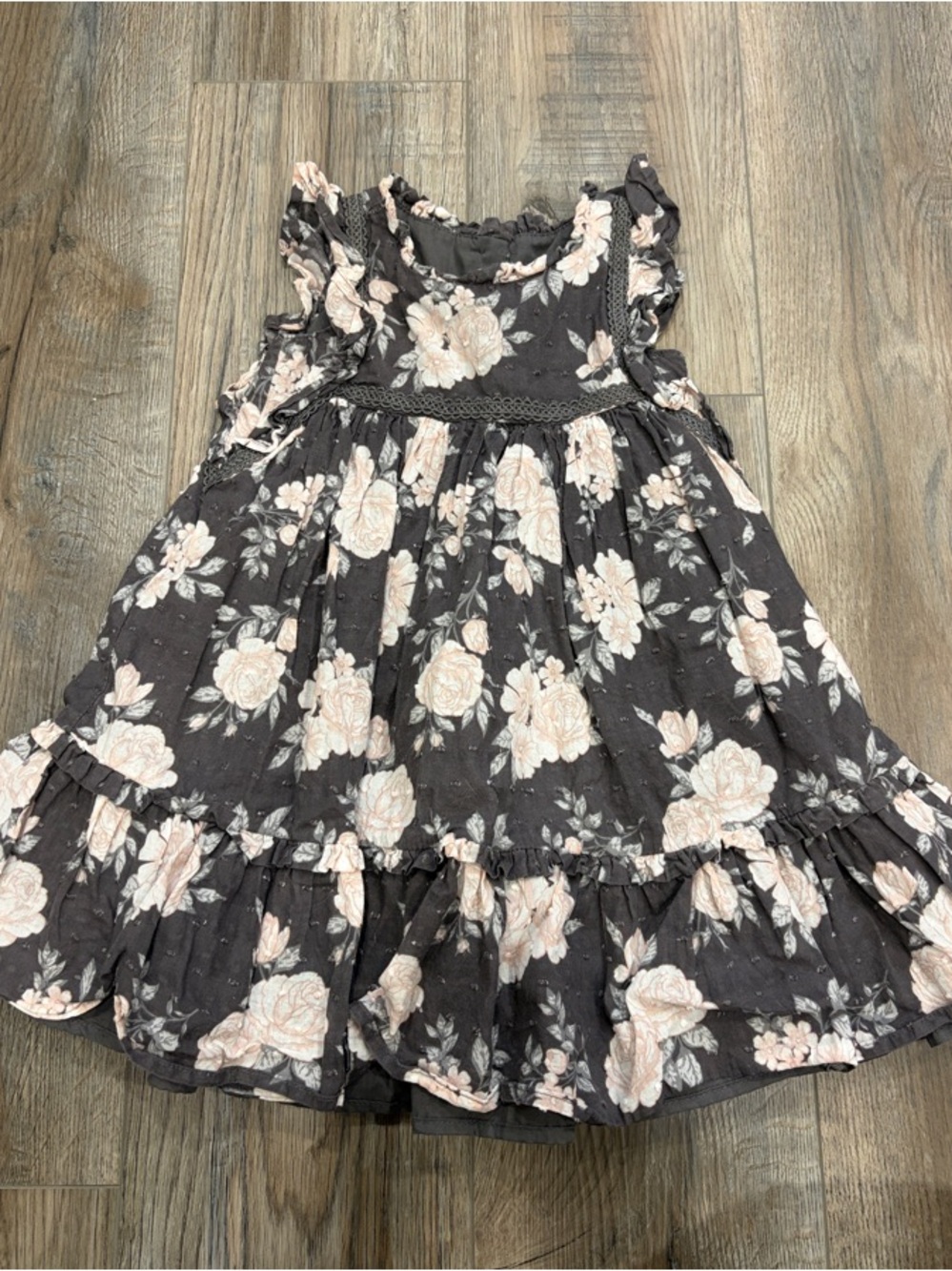 Tahari Girls Floral Ruffle Dress in Charcoal and Blush